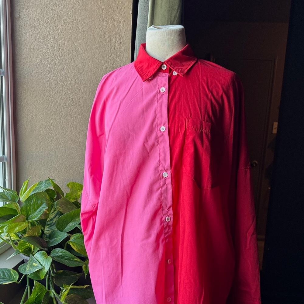 Women’s Colorblock Red & Pink Collared Button Down Oversized Shirt